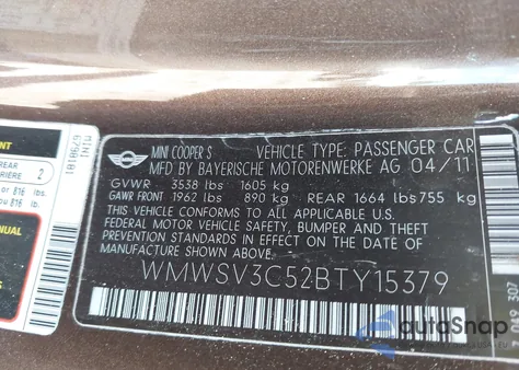 2011 Mini Cooper S z USA, uszkodzony, nr VIN WMWSV3C52BTY15379